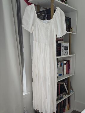 Simons White Smocked Puff Sleeve Maxi Dress